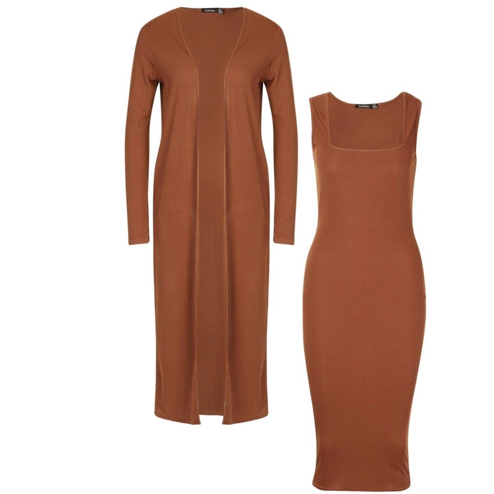 Boohoo Chocolate Ribbed Sleeveless Midi Dress and Duster Matching Set - Picture 3 of 15
